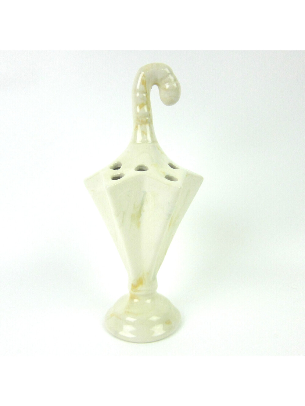 Vintage Ceramic Umbrella Shaped Flower Frog Vase 8" Marbled Cream Mid-Century